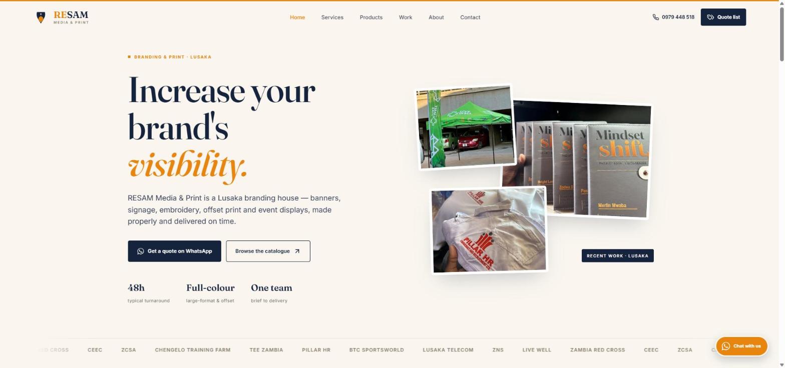 The RESAM Media & Print homepage, with the headline Increase your brand’s visibility beside photos of branded tents, printed books and embroidered shirts.