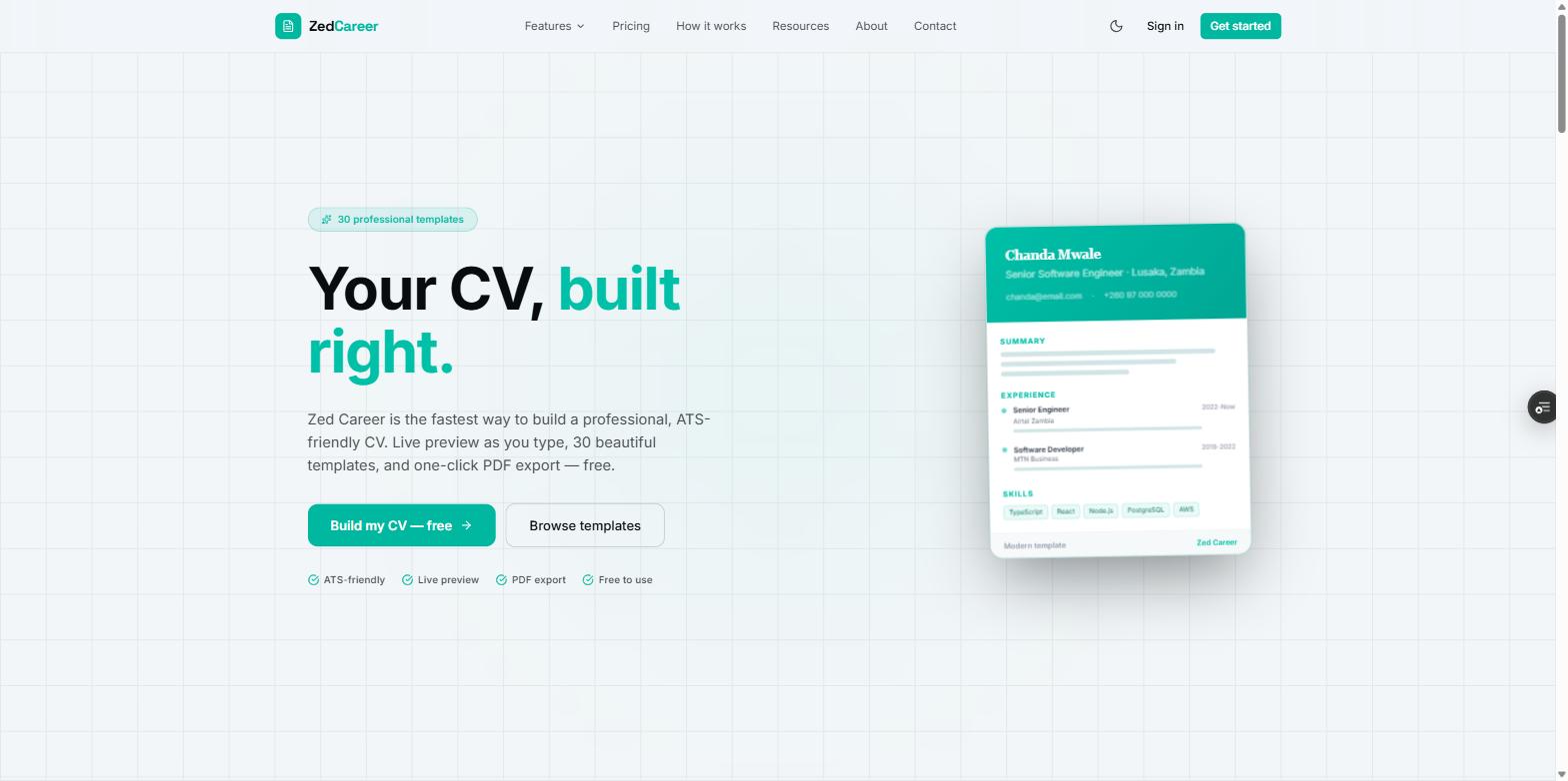 The Zed Career homepage, a light hero with the headline Your CV, built right next to a tilted preview of a finished CV template.